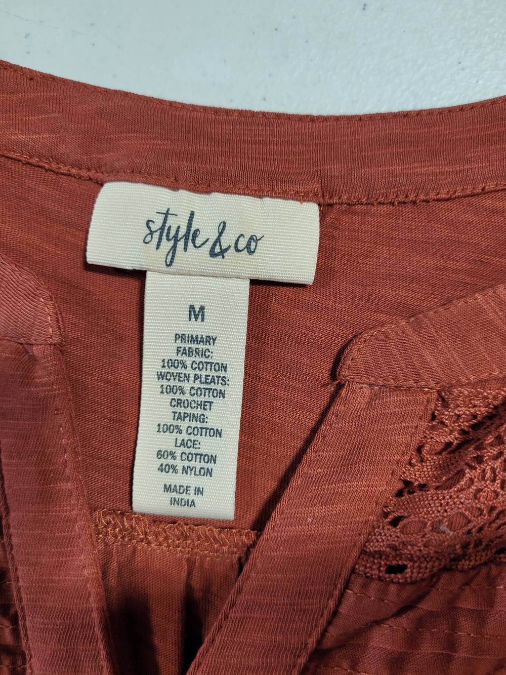 Style & Co. Women's Rust Lace-Front Henley Top - Picture 2 of 3